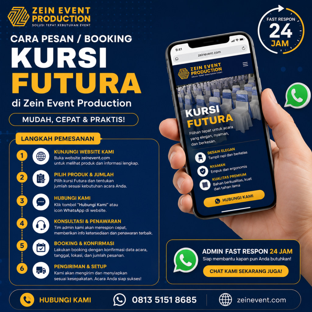 Sewa Kursi Futura Jabodetabek Murah dan Berkualitas Mencari jasa sewa kursi futura di wilayah Jabodetabek untuk kebutuhan acara Anda? Zein Event Production hadir sebagai solusi tepat kebutuhan event dengan menyediakan layanan sewa kursi futura murah, berkualitas, dan profesional untuk berbagai jenis acara. Kursi futura menjadi salah satu perlengkapan event yang paling banyak digunakan karena desainnya yang simpel, elegan, dan nyaman. Cocok digunakan untuk acara formal maupun non formal seperti wedding, seminar, gathering, pengajian, wisuda, hingga acara perusahaan. Dengan pelayanan profesional dan admin fast respon 24 jam, Zein Event Production siap membantu kebutuhan event Anda di Jakarta, Bogor, Depok, Tangerang, dan Bekasi. Mengapa Memilih Kursi Futura? Kursi futura memiliki desain yang praktis namun tetap memberikan kesan elegan pada sebuah acara. Biasanya kursi ini dipadukan dengan cover dan pita dekorasi agar tampilan acara terlihat lebih rapi dan mewah. Selain nyaman digunakan, kursi futura juga mudah ditata sehingga cocok digunakan untuk berbagai konsep acara indoor maupun outdoor. Beberapa acara yang sering menggunakan kursi futura antara lain: Wedding dan akad nikah Seminar dan workshop Acara kantor dan gathering Wisuda sekolah atau kampus Pengajian dan acara keluarga Event pemerintahan Pameran dan bazar Acara komunitas Keunggulan Sewa Kursi Futura di Zein Event Production 1. Tampilan Elegan dan Bersih Kursi futura dari Zein Event Production selalu dalam kondisi bersih dan terawat sehingga membuat suasana acara terlihat lebih profesional. 2. Harga Sewa Terjangkau Kami menyediakan harga sewa kursi futura yang kompetitif untuk wilayah Jabodetabek tanpa mengurangi kualitas pelayanan. 3. Tersedia Banyak Unit Zein Event Production memiliki stok kursi futura dalam jumlah besar sehingga siap memenuhi kebutuhan event kecil hingga besar. 4. Cocok untuk Indoor dan Outdoor Kursi futura dapat digunakan untuk acara di dalam ruangan maupun luar ruangan dengan penataan yang fleksibel. 5. Pelayanan Profesional Tim kami siap membantu mulai dari konsultasi, pengiriman, hingga penataan kursi di lokasi acara. 6. Admin Fast Respon 24 Jam Tidak perlu khawatir sulit menghubungi vendor. Admin kami siap melayani konsultasi dan booking selama 24 jam melalui WhatsApp. Area Layanan Jabodetabek Zein Event Production melayani kebutuhan sewa kursi futura di berbagai wilayah Jabodetabek seperti: Jakarta Melayani area Jakarta Pusat, Jakarta Selatan, Jakarta Barat, Jakarta Timur, dan Jakarta Utara untuk berbagai kebutuhan event. Bogor Siap melayani kebutuhan kursi futura untuk acara wedding, seminar, dan gathering di wilayah Bogor dan sekitarnya. Depok Tersedia layanan sewa kursi futura untuk acara keluarga, pengajian, dan acara perusahaan di Depok. Tangerang Melayani kebutuhan event di Tangerang Kota, Tangerang Selatan, hingga area BSD dan sekitarnya. Bekasi Zein Event Production juga melayani penyewaan kursi futura untuk berbagai acara di Bekasi dan sekitarnya. Cara Booking Kursi Futura di Zein Event Production Proses booking sangat mudah dan tidak ribet. 1. Buka Website Kunjungi website resmi Zein Event Production untuk melihat layanan dan perlengkapan event yang tersedia. 2. Pilih Kebutuhan Event Tentukan jumlah kursi futura dan kebutuhan perlengkapan lainnya sesuai acara Anda. 3. Hubungi Admin WhatsApp Klik kontak WhatsApp yang tersedia di website untuk langsung berkonsultasi dengan admin. 4. Konsultasi dan Penawaran Harga Sampaikan detail acara seperti lokasi, tanggal, dan jumlah kursi yang dibutuhkan. Admin akan memberikan penawaran terbaik. 5. Pengiriman Tepat Waktu Tim Zein Event Production akan mengirimkan pesanan sesuai jadwal agar acara berjalan lancar. Solusi Lengkap Kebutuhan Event Selain sewa kursi futura, Zein Event Production juga menyediakan berbagai perlengkapan event lainnya seperti: Sewa tenda Sewa meja Partisi event Booth pameran Sound system Lighting AC standing Tiket box Dekorasi acara Dengan layanan lengkap dan profesional, Zein Event Production siap membantu mewujudkan acara yang nyaman dan berkesan. Hubungi Zein Event Production Butuh sewa kursi futura murah dan berkualitas di Jabodetabek? Hubungi Zein Event Production sekarang juga. Website: zeinevent.com WhatsApp: 0813 5151 8685 Zein Event Production Solusi Tepat Kebutuhan Event