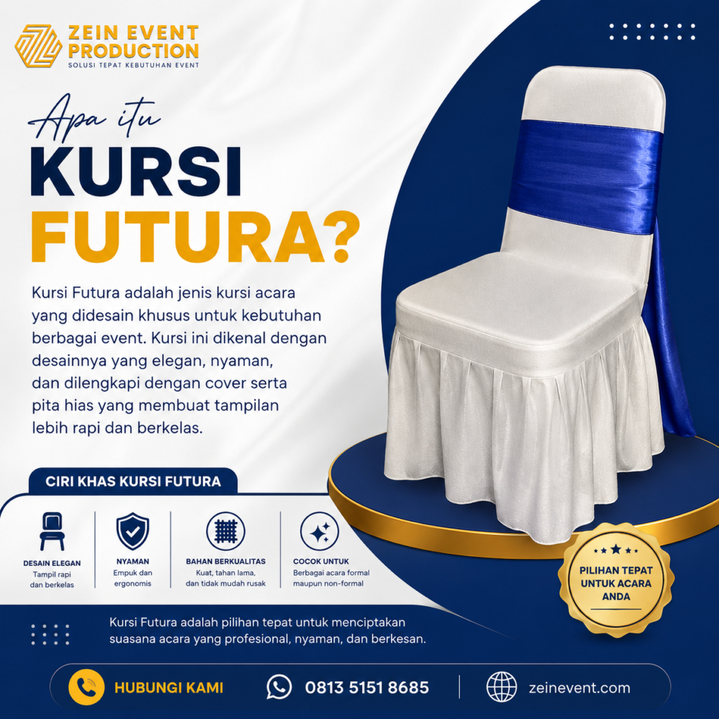 Sewa Kursi Futura Jabodetabek Murah dan Berkualitas Mencari jasa sewa kursi futura di wilayah Jabodetabek untuk kebutuhan acara Anda? Zein Event Production hadir sebagai solusi tepat kebutuhan event dengan menyediakan layanan sewa kursi futura murah, berkualitas, dan profesional untuk berbagai jenis acara. Kursi futura menjadi salah satu perlengkapan event yang paling banyak digunakan karena desainnya yang simpel, elegan, dan nyaman. Cocok digunakan untuk acara formal maupun non formal seperti wedding, seminar, gathering, pengajian, wisuda, hingga acara perusahaan. Dengan pelayanan profesional dan admin fast respon 24 jam, Zein Event Production siap membantu kebutuhan event Anda di Jakarta, Bogor, Depok, Tangerang, dan Bekasi. Mengapa Memilih Kursi Futura? Kursi futura memiliki desain yang praktis namun tetap memberikan kesan elegan pada sebuah acara. Biasanya kursi ini dipadukan dengan cover dan pita dekorasi agar tampilan acara terlihat lebih rapi dan mewah. Selain nyaman digunakan, kursi futura juga mudah ditata sehingga cocok digunakan untuk berbagai konsep acara indoor maupun outdoor. Beberapa acara yang sering menggunakan kursi futura antara lain: Wedding dan akad nikah Seminar dan workshop Acara kantor dan gathering Wisuda sekolah atau kampus Pengajian dan acara keluarga Event pemerintahan Pameran dan bazar Acara komunitas Keunggulan Sewa Kursi Futura di Zein Event Production 1. Tampilan Elegan dan Bersih Kursi futura dari Zein Event Production selalu dalam kondisi bersih dan terawat sehingga membuat suasana acara terlihat lebih profesional. 2. Harga Sewa Terjangkau Kami menyediakan harga sewa kursi futura yang kompetitif untuk wilayah Jabodetabek tanpa mengurangi kualitas pelayanan. 3. Tersedia Banyak Unit Zein Event Production memiliki stok kursi futura dalam jumlah besar sehingga siap memenuhi kebutuhan event kecil hingga besar. 4. Cocok untuk Indoor dan Outdoor Kursi futura dapat digunakan untuk acara di dalam ruangan maupun luar ruangan dengan penataan yang fleksibel. 5. Pelayanan Profesional Tim kami siap membantu mulai dari konsultasi, pengiriman, hingga penataan kursi di lokasi acara. 6. Admin Fast Respon 24 Jam Tidak perlu khawatir sulit menghubungi vendor. Admin kami siap melayani konsultasi dan booking selama 24 jam melalui WhatsApp. Area Layanan Jabodetabek Zein Event Production melayani kebutuhan sewa kursi futura di berbagai wilayah Jabodetabek seperti: Jakarta Melayani area Jakarta Pusat, Jakarta Selatan, Jakarta Barat, Jakarta Timur, dan Jakarta Utara untuk berbagai kebutuhan event. Bogor Siap melayani kebutuhan kursi futura untuk acara wedding, seminar, dan gathering di wilayah Bogor dan sekitarnya. Depok Tersedia layanan sewa kursi futura untuk acara keluarga, pengajian, dan acara perusahaan di Depok. Tangerang Melayani kebutuhan event di Tangerang Kota, Tangerang Selatan, hingga area BSD dan sekitarnya. Bekasi Zein Event Production juga melayani penyewaan kursi futura untuk berbagai acara di Bekasi dan sekitarnya. Cara Booking Kursi Futura di Zein Event Production Proses booking sangat mudah dan tidak ribet. 1. Buka Website Kunjungi website resmi Zein Event Production untuk melihat layanan dan perlengkapan event yang tersedia. 2. Pilih Kebutuhan Event Tentukan jumlah kursi futura dan kebutuhan perlengkapan lainnya sesuai acara Anda. 3. Hubungi Admin WhatsApp Klik kontak WhatsApp yang tersedia di website untuk langsung berkonsultasi dengan admin. 4. Konsultasi dan Penawaran Harga Sampaikan detail acara seperti lokasi, tanggal, dan jumlah kursi yang dibutuhkan. Admin akan memberikan penawaran terbaik. 5. Pengiriman Tepat Waktu Tim Zein Event Production akan mengirimkan pesanan sesuai jadwal agar acara berjalan lancar. Solusi Lengkap Kebutuhan Event Selain sewa kursi futura, Zein Event Production juga menyediakan berbagai perlengkapan event lainnya seperti: Sewa tenda Sewa meja Partisi event Booth pameran Sound system Lighting AC standing Tiket box Dekorasi acara Dengan layanan lengkap dan profesional, Zein Event Production siap membantu mewujudkan acara yang nyaman dan berkesan. Hubungi Zein Event Production Butuh sewa kursi futura murah dan berkualitas di Jabodetabek? Hubungi Zein Event Production sekarang juga. Website: zeinevent.com WhatsApp: 0813 5151 8685 Zein Event Production Solusi Tepat Kebutuhan Event